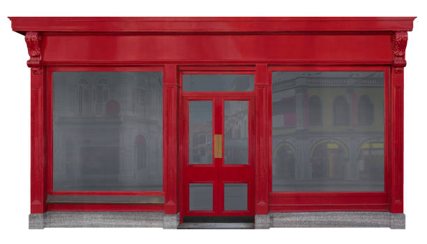 istock Storefront facade with red front view in wood isolated on white background 1027097286