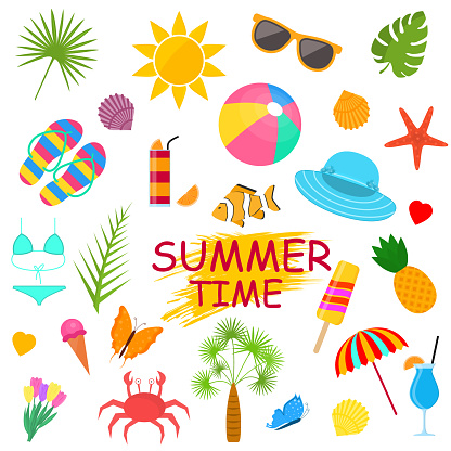 Summer Time Poster Color Elements Set Include of Sunglasses, Sun, Palm, Pineapple, Ball, Hat and Umbrella. Vector illustration
