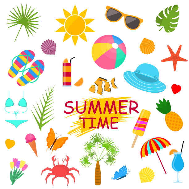 Summer Time Poster Color Elements Set. Vector Summer Time Poster Color Elements Set Include of Sunglasses, Sun, Palm, Pineapple, Ball, Hat and Umbrella. Vector illustration summer icons stock illustrations