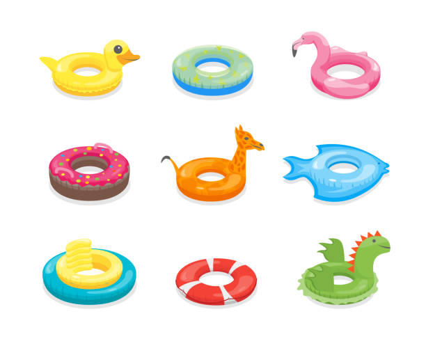 Cartoon Color Swimming Ring Toy Set. Vector Cartoon Color Swimming Ring Toy Set Include of Pink Flamingo, Duck, Fish and Donut Flat Design Style. Vector illustration inflated pool stock illustrations