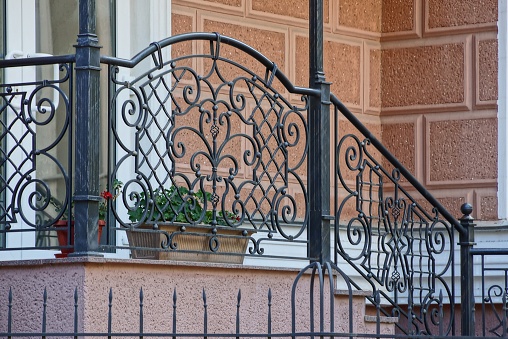 part of the porch and threshold with steps with an iron black fence of twigs and wrought pattern