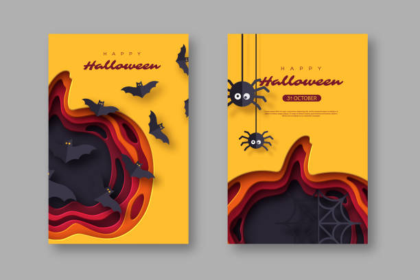 Halloween holiday posters. Paper cut style pumpkin with flying bats and spiders. 3d layered effect, vector illustration. Halloween holiday posters. Paper cut style pumpkin with flying bats and spiders. 3d layered effect. Vector illustration. bat animal stock illustrations