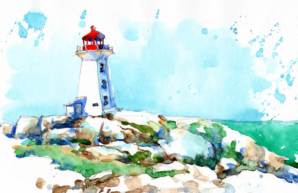 istock watercolor painting set of canada peggys point lighthouse, hand drawn on paper 1027100628