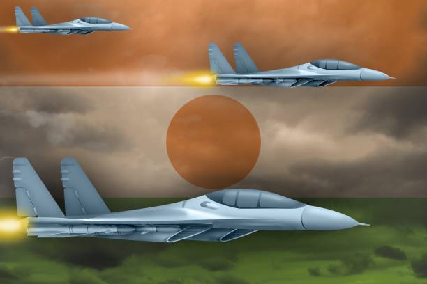 istock Niger air forces strike concept. Air planes attack on Niger flag background. 3d Illustration 1027101412