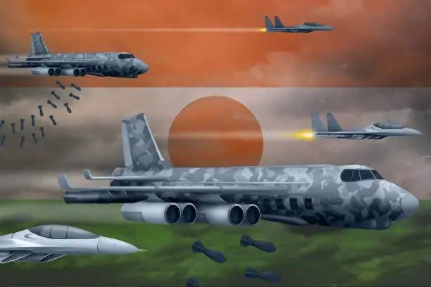 Niger bomb air strike concept. Modern Niger war airplanes bombing on flag background. 3d Illustration