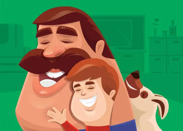 Vector illustration of happy kid hugging daddy