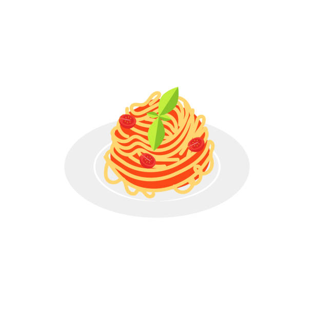 płaska ikona spaghetti z sosem pomidorowym. - tomato isolated freshness white background stock illustrations
