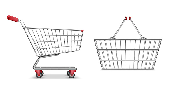 Empty metallic supermarket shopping cart side view isolated. Realistic supermarket basket, retail pushcart vector illustration
