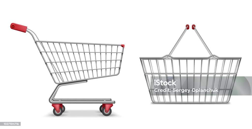 Empty metallic supermarket shopping cart side view isolated. Realistic supermarket basket, retail pushcart vector illustration Empty metallic supermarket shopping cart side view isolated. Realistic supermarket basket, retail pushcart vector illustration EPS 10 Shopping Cart stock vector