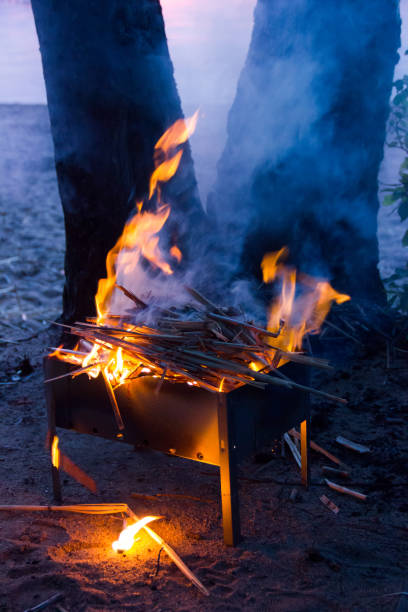 istock A divorced fire in a grill for a shish kebab. Fire at night in the grill. Bonfire at night 1027105656
