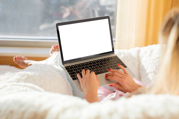 Woman working with laptop at home, mock-up for your design