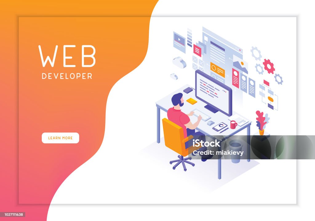 Web developer Editable vector illustration on layers.
This is an AI EPS 10 file format, with transparency effects, gradients, one blend and one gradient mesh. Isometric Projection stock vector