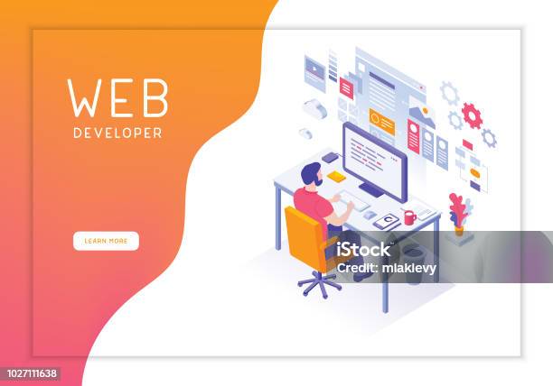 Web Developer Stock Illustration - Download Image Now - Isometric Projection, Office, Computer