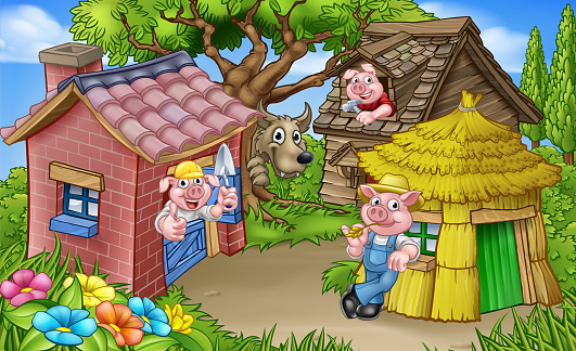 A cartoon illustration from the three little pigs childrens fairytale story, of the 3 pig characters with their straw, wooden and brick houses and the big bad wolf peeking from behind a tree.