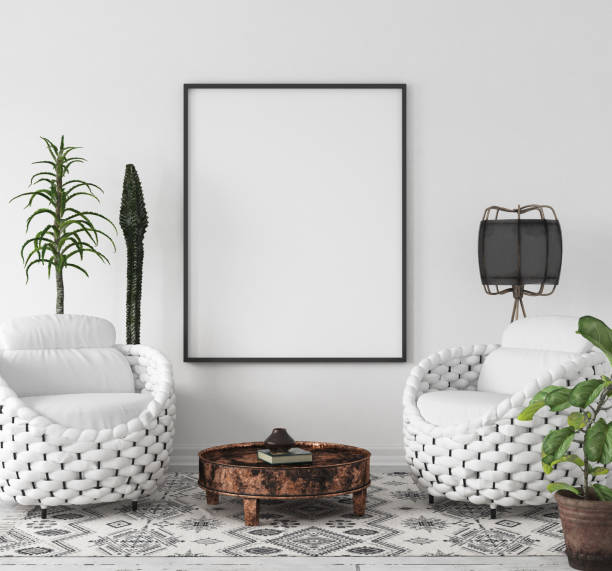 istock Mock-up poster frame in living room background, Scandi-Boho style 1027116104