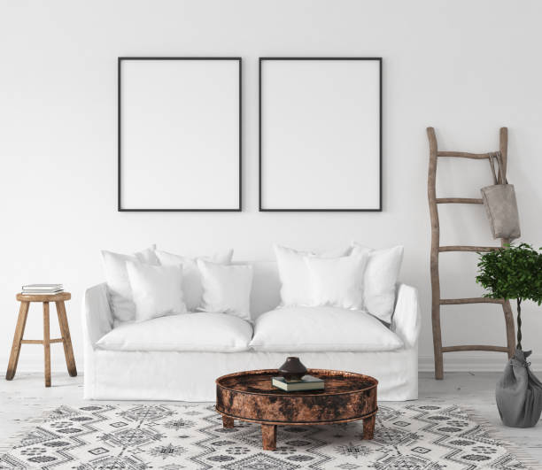 istock Mock-up poster frame in living room background, Scandi-Boho style 1027116108