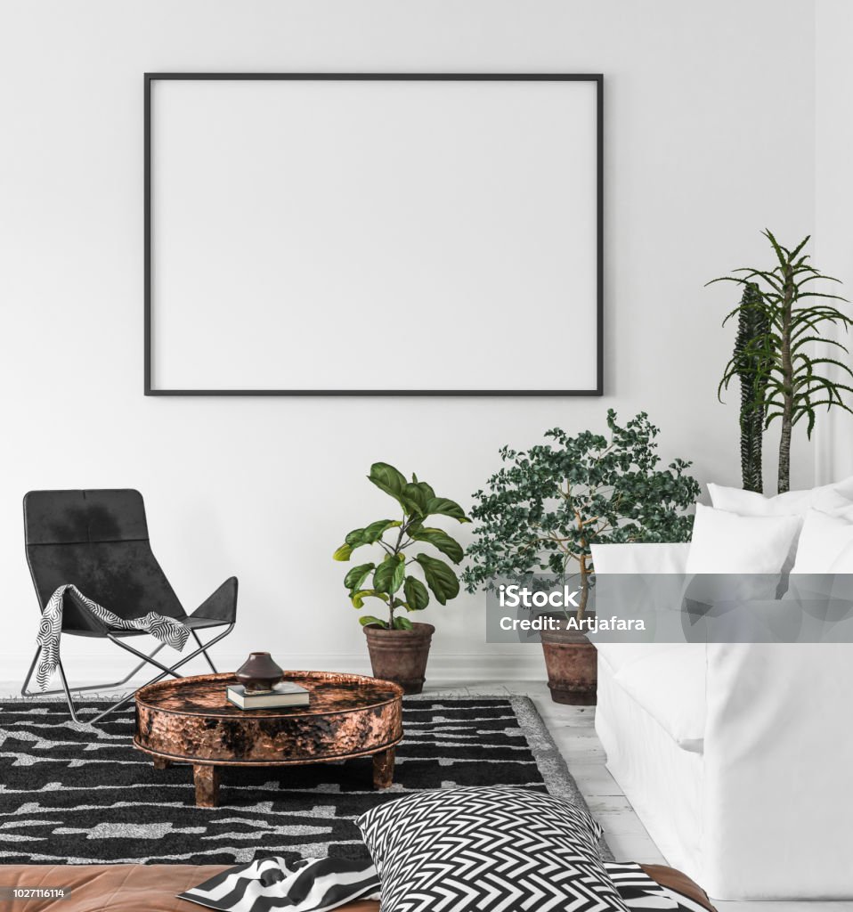 Mock-up poster frame in living room background, Scandi-Boho style Mock-up poster frame in living room background, Scandi-Boho style, 3d render Indoors Stock Photo