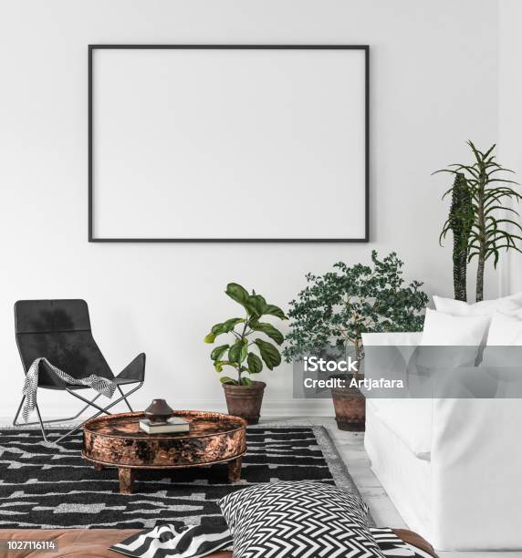 Mockup Poster Frame In Living Room Background Scandiboho Style Stock Photo - Download Image Now
