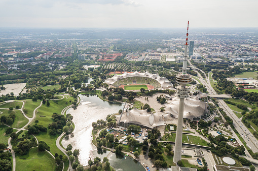Germany, Munich, August 2018 - Aerial view of Munich Olympic park