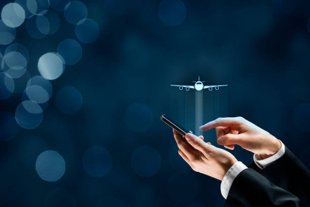 air ticket booking and smartphone app for online travel insurance - airplane air vehicle business travel passenger imagens e fotografias de stock