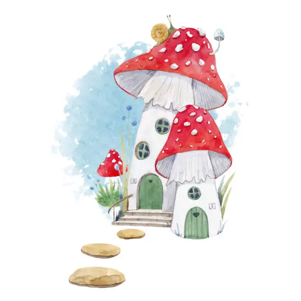 Vector illustration of Watercolor mushroom house illustration