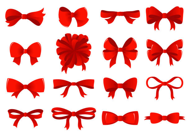 большой набор красных подарочных луков с лентами. иллюстрация вектора - узел бантиком stock illustrations