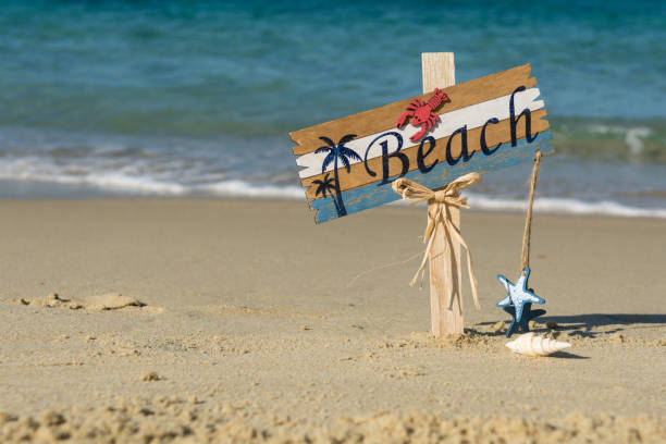 istock Wooden beach sign on the sand 1027143932