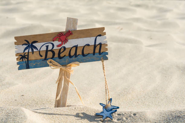 istock Wooden beach sign on the sand 1027144412