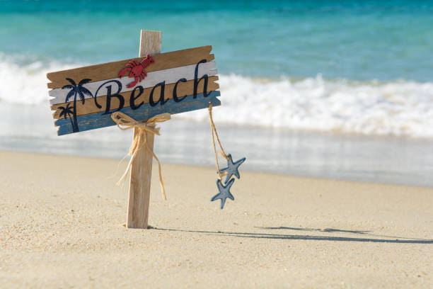 istock Wooden beach sign on the sand 1027144712