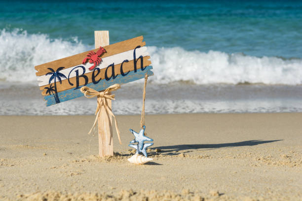 istock Wooden beach sign on the sand 1027145176