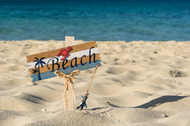 istock Wooden beach sign on the sand 1027145566