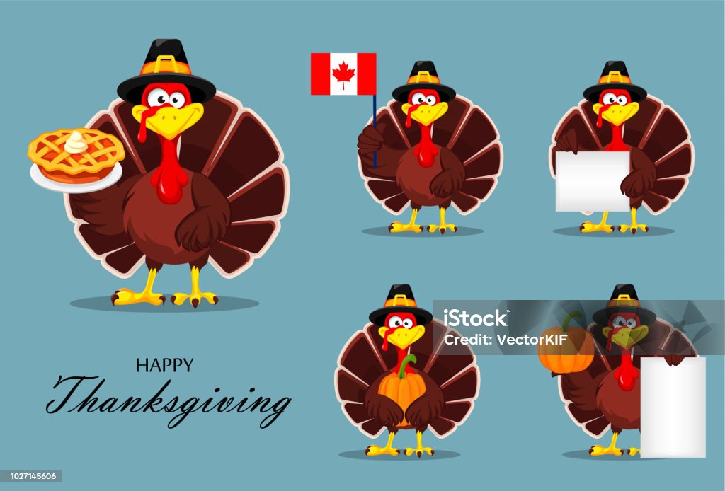 Thanksgiving turkey. Happy Thanksgiving day Happy Thanksgiving, greeting card, poster or flyer for holiday. Thanksgiving turkey, set of five poses. Vector illustration on blue background Turkey - Bird stock vector
