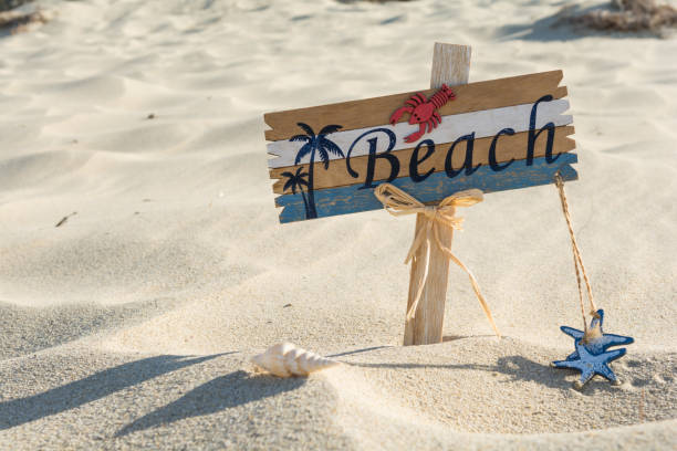 istock Wooden beach sign on the sand 1027148264