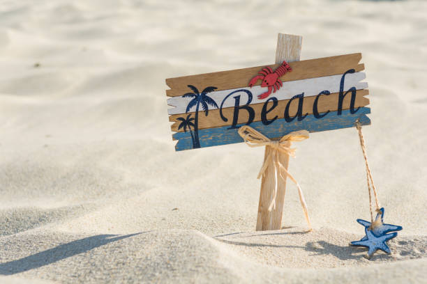 istock Wooden beach sign on the sand 1027148544