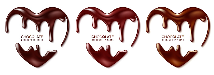 Chocolate in the form of heart. Melted chocolate syrup on white background. Liquid chocolate on a white background.Vector illustration.