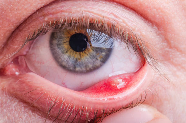 Stye (hordeolum) disease on eye of a caucasian female stock photo