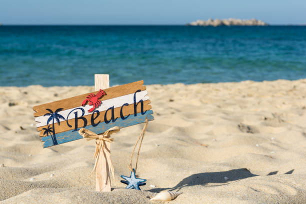 istock Wooden beach sign on the sand 1027149116
