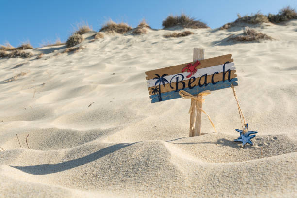 istock Wooden beach sign on the sand 1027149646