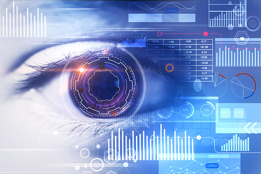Close up of eye with digital business interface. Biometrics, id and future concept. Double exposure