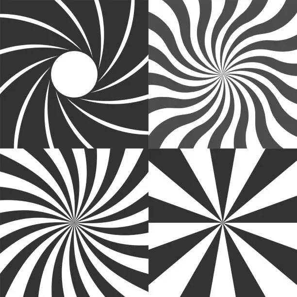 Vector illustration of Psychedelic retro spiral black and white backgrounds vector set, radial rays vintage backdrop, radial lens aperture, wavy spinning stripes variants.