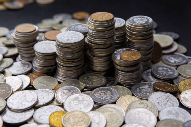 istock Stacks of different rubles coins, background of coins 1027153108