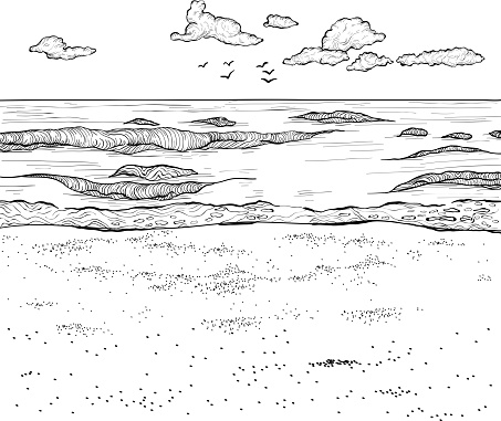 Sketch of sandy beach and wavy sea. Vector illustration. Black and white
