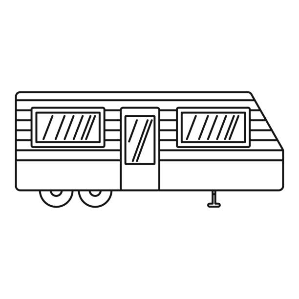 anhänger-haus-symbol, umriss-stil - camping mobile home vacations tent stock-grafiken, -clipart, -cartoons und -symbole