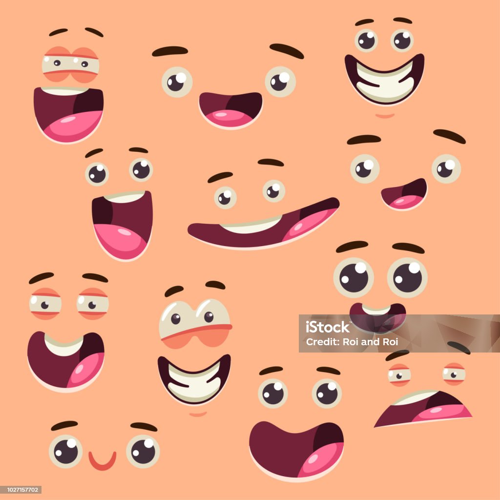 Collection de bandes dessinées de visage mignon. Ensemble de vecteur d’yeux et la bouche avec différentes expressions et émotions isolées sur fond. - clipart vectoriel de Cartoon libre de droits