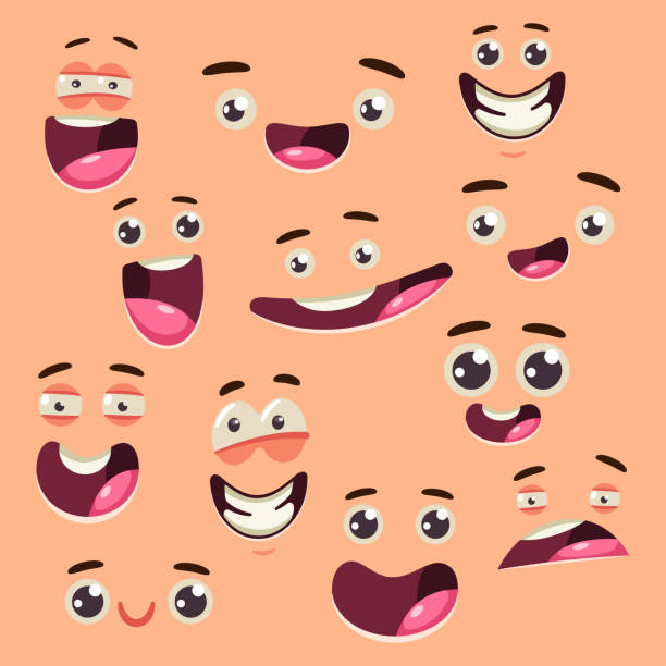 Cartoon cute face collection. Vector set of eyes and mouths with different expressions and emotions isolated on background. Cartoon face set. laughing illustrations stock illustrations