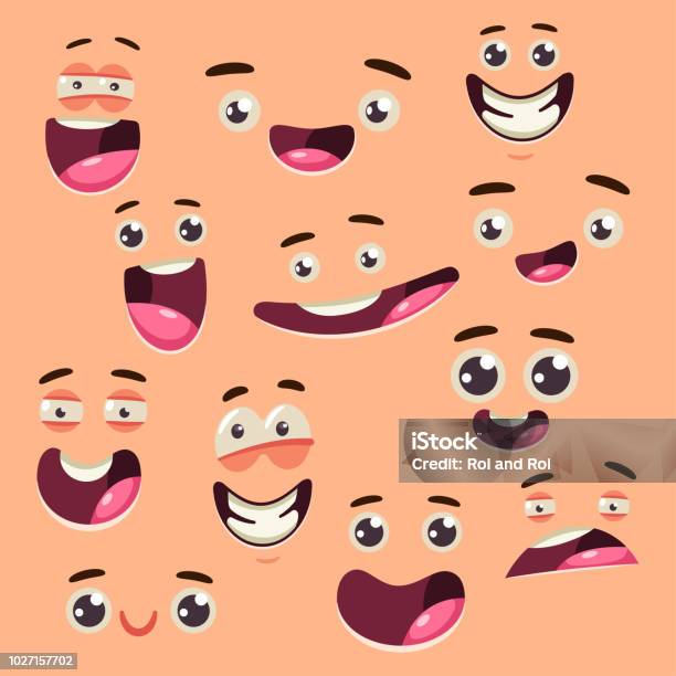 Cartoon Cute Face Collection Vector Set Of Eyes And Mouths With Different Expressions And Emotions Isolated On Background Stock Illustration - Download Image Now
