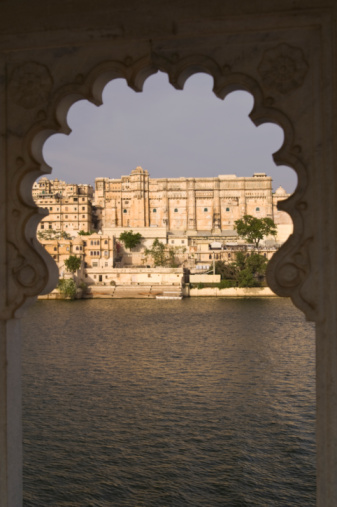 Jehangir Mahal (Orchha Fort) in Orchha, Madhya Pradesh, India. View through an arch is located in the Orchha town in the Indian state of Madhya Pradesh.