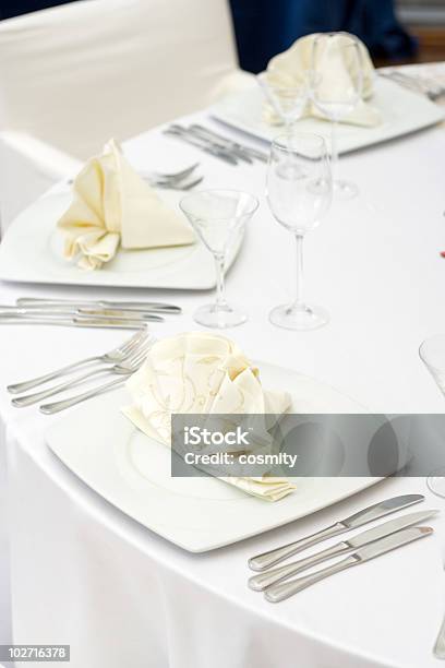 White Elegant Table Set For Dinner Stock Photo - Download Image Now - Arrangement, Banquet, Celebration