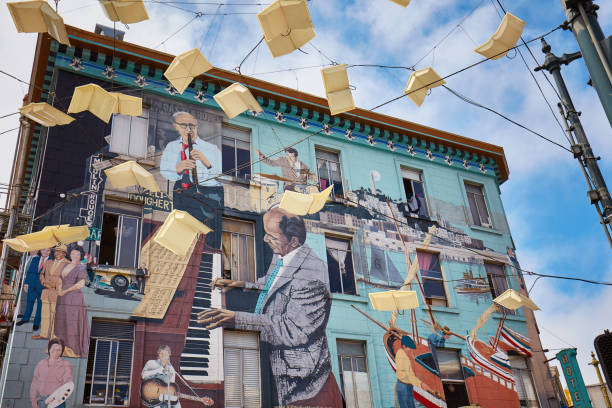 mural de jazz em san francisco - chinatown san francisco chinatown san francisco county cityscape - fotografias e filmes do acervo
