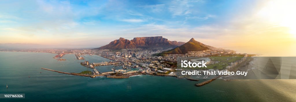 Iconic Cape Town Super high resolution establishing aerial photograph of the city of Cape Town during sunset Cape Town Stock Photo